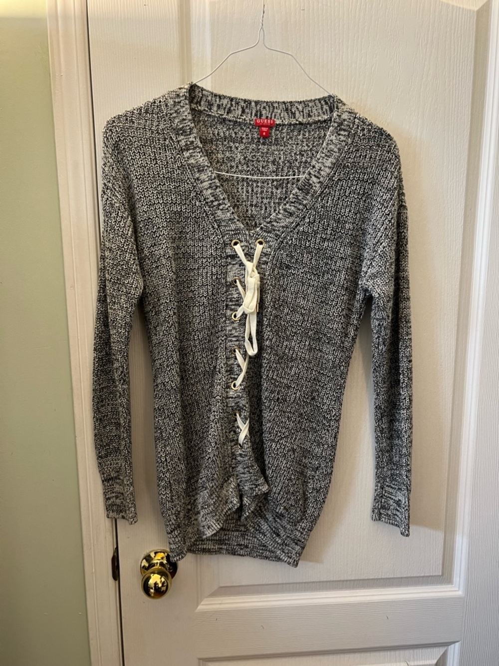 Guess Grey Lace-Up V-Neck Knit Sweater